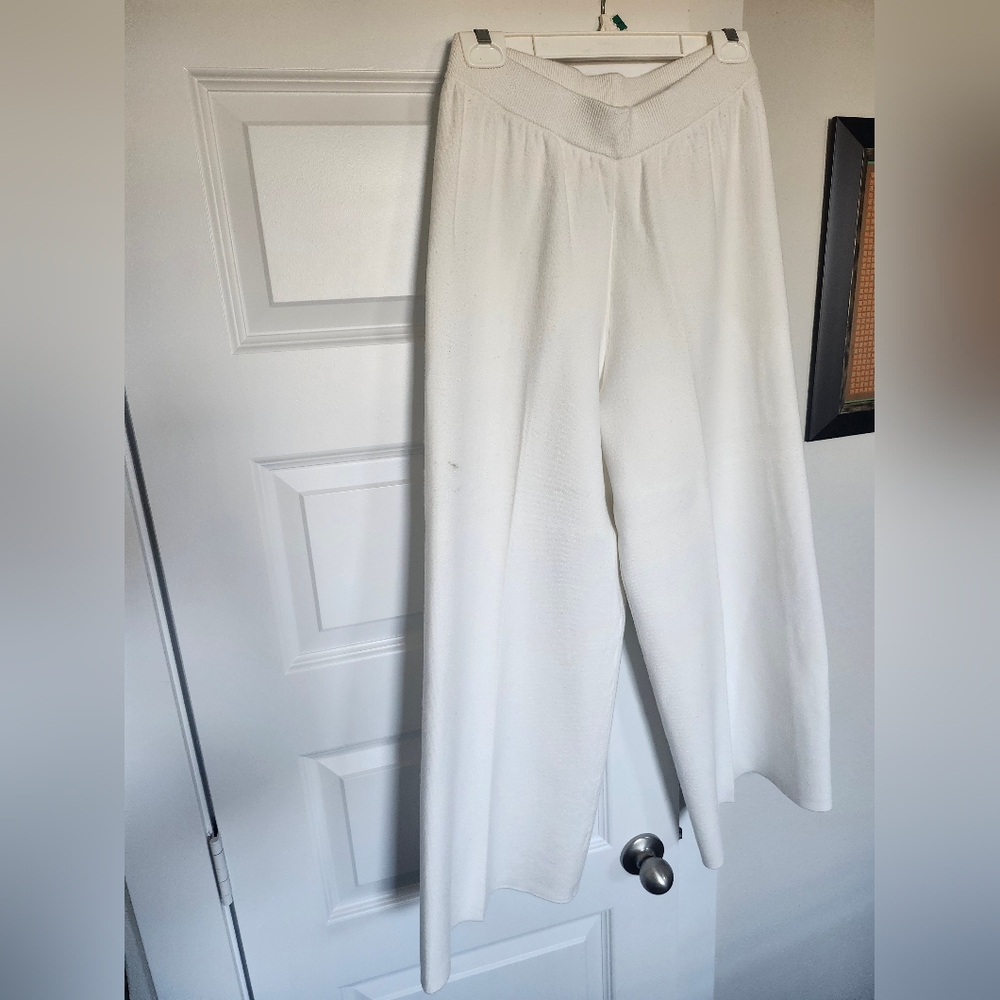 White Polyester Knit Women's Wide-Leg Pants